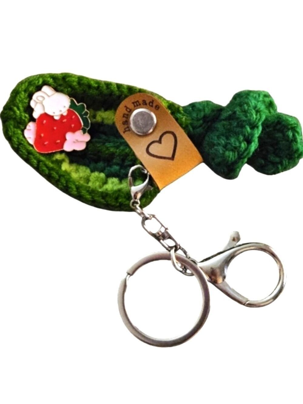 Handmade Crochet leaf with strawberry Enamel Pin & white bunny Hand Knit decor